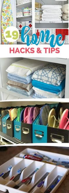 organized drawers and shelves with text overlay that reads 19 home hacks & tips