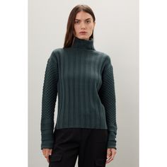 Green knit (70% Acrylic, 30% Wool). Sweater. Long sleeves. Turtleneck. Pull on. 24" from shoulder to hemline. Imported. Winter Textured Knit Stretch Turtleneck, Winter Stretch Textured Knit Turtleneck, Casual Merino Wool Turtleneck For Fall, Fall Textured Knit Turtleneck, Fitted Textured Knit Winter Sweater, Stretch Textured Knit Turtleneck, Winter Turtleneck Textured Knit Top, Stretch Merino Wool Sweater For Fall, Fall Workwear Sweater With Knit Fabrication