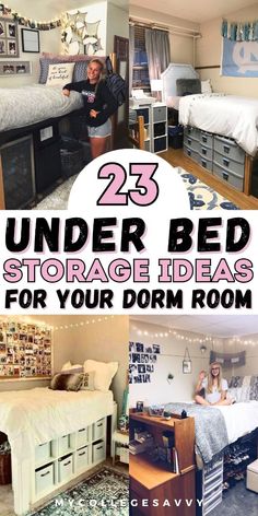 the bedroom is decorated in white and blue with lots of storage space for your dorm room