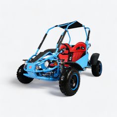 a blue buggy with red seats on the front and back wheels, is shown against a white background