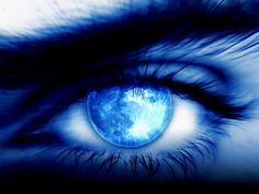 an eye is shown with blue light coming from it's iris and the earth in the center