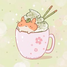 a cat in a cup with ice cream and chopsticks