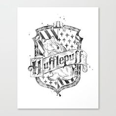 a black and white drawing of an emblem with the word tufflepuff on it