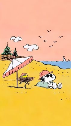 a cartoon dog laying in the sand under an umbrella