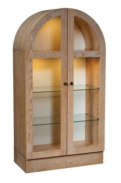 a wooden display case with glass doors on the top and bottom shelves in an arch shape