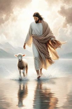 a painting of jesus walking in the water with a sheep