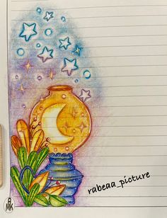 a drawing of a vase with a moon and stars in the sky next to it