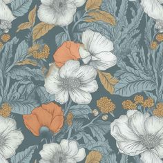 a floral wallpaper with orange, white and blue flowers