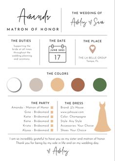 an info sheet with wedding colors and their names