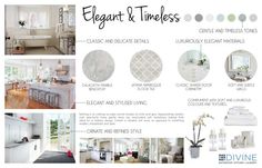 an advertisement for elegant and timesys featuring white furniture, kitchen cabinets, dining room table, living room