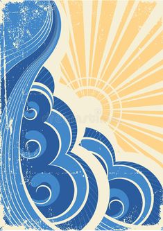 an abstract blue and yellow background with waves, sunbeams and the word seas on it