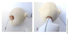 two pictures show how to make a stuffed animal head with sewing needle and thread, along with instructions on how to sew