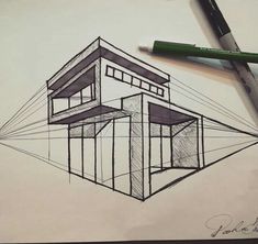 a pencil drawing of a house on top of a piece of paper