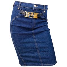 Iconic and sexy late 90s / early 2000s DOLCE & GABBANA blue jean denim high waisted bodycon pencil skirt. Features a gold logo embossed buckle attached to black leather straps. Button at center waistband, with metal zipper fly. 96% Cotton 4% Elastane offers some stretch to fit. Flattering stitching throughout. The 90s JEAN PAUL GAULTIER black crop top that is pictured is also available in my 1stDibs Shop! In great condition. Made in Italy Marked Size 26 / 40 ( 4 / 6 ) Measurements: (lots of stre Jean Pencil Skirt, Bodycon Pencil Skirt, Dolce And Gabbana Blue, Slim Aarons, Ralph Lauren Black Label, Skirts Midi High Waisted, Leather Denim, Dolce E Gabbana, John Galliano