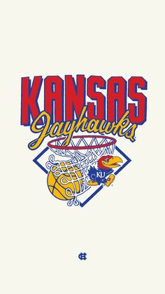 kansas jayhawks basketball team logo on white paper with blue and red lettering in the center