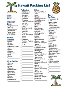 the hawaiian packing list is shown in blue and white with an image of a pineapple on