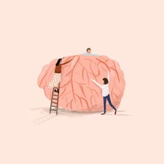 two people climbing up the side of a giant brain