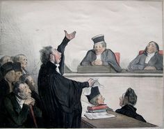 a courtroom scene with judge and other people sitting at desks, one man in top hat raising his hand