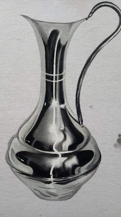 a drawing of a silver vase on a white background with black and white lines in it