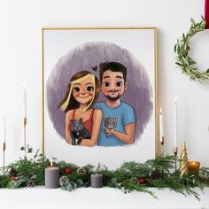 a couple is holding a cat in front of a christmas wreath with candles and greenery