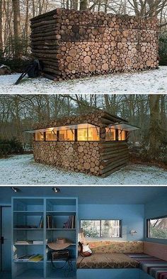 two pictures side by side of a house made out of logs and another image of a bed in the woods