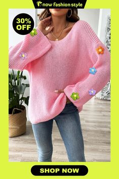 knowfashionstyle Flowers Deceor Long Sleeves O Neck Vacation Sweater Tops Spring Trendy Long Sleeve Sweater, Spring Long Sleeve Sweater In Trendy Style, Trendy Long Sleeve Spring Sweater, Trendy Acrylic Sweater For Spring, Non-stretch Trendy Spring Sweater, Non-stretch Trendy Sweater For Spring, Trendy Non-stretch Sweater For Spring, Oversized Acrylic Sweater For Spring, Trendy Spring Crew Neck Sweater