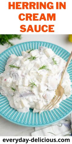 a blue plate topped with mashed potato salad