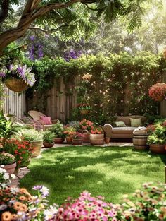 an outdoor garden with lots of flowers and plants