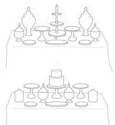 a drawing of a table with cake and candles on it, in black and white