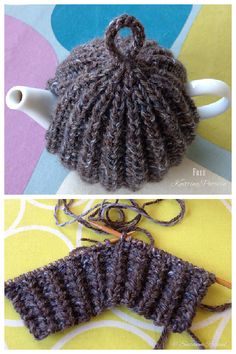 there are two pictures of the same teapot with yarn on it and one is crocheted