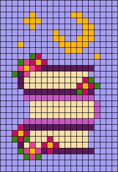 a cross stitch pattern with a cup on the front and bottom, in shades of purple, pink, yellow and green