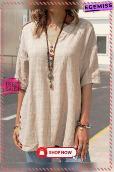 Linen V Neck T-shirt Beige V-neck Shirt For Summer, Casual Beige V-neck Shirt, Summer Beige Half-sleeve Tops, Summer Beige Half Sleeve Tops, Beige Relaxed Fit V-neck T-shirt, Beige Short Sleeve Tops For Summer, Casual Beige V-neck T-shirt, Solid Half Sleeve T-shirt For Summer, Neck Shirt