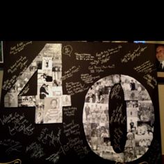 the number forty with many pictures and autographs on it is displayed in front of a wall