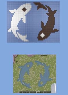 two cross stitch pictures, one with an animal and the other with a fish on it