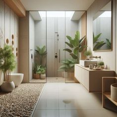 a bathroom with two sinks, mirrors and plants in the bathtub area is shown