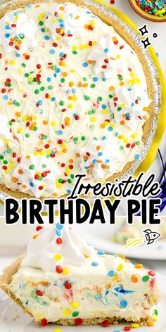 a birthday pie with white frosting and sprinkles on the top is shown