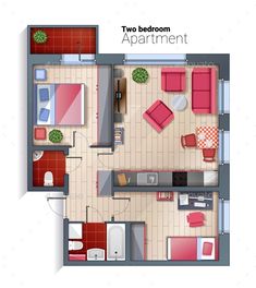 two bedroom apartment floor plan with furniture