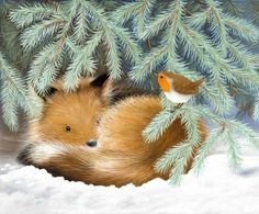 a painting of a fox and a bird in the snow