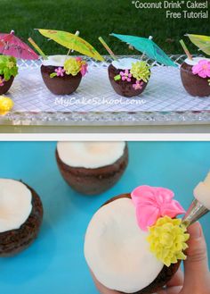 there are cupcakes decorated with flowers and umbrellas