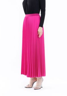 Fuchsia Pleated Maxi Skirt - Elastic Waistband, Ankle-Length Plisse Skirt Introducing the Fuchsia Pleated Maxi Skirt with Elastic Waistband from G-Line. Made from a light-weighted fabric blend with 11% elastane, this skirt offers both comfort and style.The pleated design adds more room around the hemline, making it easy to move around in while maintaining modesty. At 39.37" long, this skirt falls just around the ankle, making it perfect for work, business, office, job interviews, celebrations, c Pink Fitted Maxi Skirt With Elastic Waistband, Fitted Pink Maxi Skirt With Elastic Waistband, Elegant Pink Stretch Maxi Skirt, Pink Stretch Long Skirt, Pink Flowy Full-length Skirt, Pink Stretch Pleated Skirt, Fitted Pleated Pink Maxi Skirt, Pink Stretch Pleated Skirt With Lining, Pink Stretch Maxi Skirt With Elastic Waistband