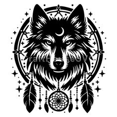 wolf head with dream catcher and stars in the background, black and white tattoo art