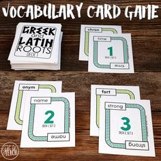 four cards with the words greek and latin in green on them, sitting next to each other