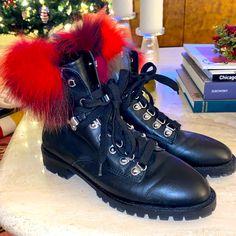 Rebecca Minkoff ‘Jaylin’ Boots Black Leather With Dyed Fox Fur Trim Fur Is Plum, Blue, Orange & Red Purchased From Saks Really Great Condition, Worn Once To Work Interior Zip Moto Boots, Black Leather Boots, Fox Fur, Fur Trim, Boots Black, Orange Red, Rebecca Minkoff, Blue Orange, Black Red