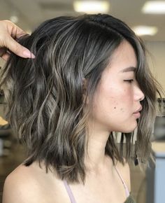 Olive Highlights Hair, Asian Balayage Short Hair, Short Hair Balayage Asian, Ash Brown Bob Haircut, Ash Grey Balayage Short Hair, Chocolate Brown Balayage Short Hair, Asian Hair Balayage Ash, Ash Brown Hair With Highlights, Balayage Asian Hair