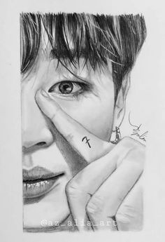 a pencil drawing of a person holding their finger up to their eye