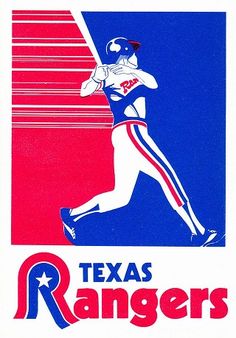 an old texas rangers baseball poster with a player running down the side walk and holding a bat