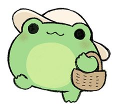 a green frog with a hat holding a basket in its hand and looking at the camera