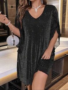 Black Shimmer Batwing Sleeve Mini V-neck Dress Plus Glam Party 1X Wicca Gothic  | eBay Best Plus Size Dresses, Plus Size Clubwear, Plus Size Party, Sukienki Plus Size, 파티 드레스, Plus Size Prom, Plus Size Party Dresses, Flare Sleeve Dress, Short Party Dress