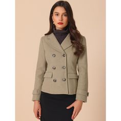 A classic coat makes for the perfect layering piece. Simple and stylish, it is a great outfit for autumn or winter. This short, straight-style pea coat is perfect for cooler weather and a smart look, no matter if you're heading out to shop or to the office. Pair it with formal midi skirts or long pants for a vintage and elegant look. Khaki Double-breasted Fall Blazer, Fall Double-breasted Khaki Blazer, Fall Khaki Double-breasted Blazer, Winter Office Lady Blazer For Workwear, Fall Blazer For Office Lady, Khaki Fall Outerwear For Office, Khaki Outerwear For Office In Fall, Winter Office Lady Blazer, Tailored Double-breasted Wool Coat For Office