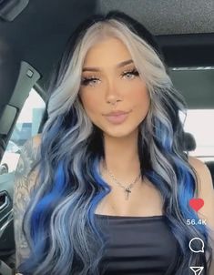 #beauty #hairstyle #aesthetic #fashion #womenstyle Long Colored Hair Ideas, Blue Hair With Blonde Front Pieces, Fresh Hair Styles For Women, Colored Hair Money Piece, Upcoming Hair Trends 2023, Hair Inspiration Color Short, Cute Split Hair Dye Ideas, Black And Hair Color, Dark Blue Hair With Money Piece